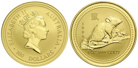Elizabeth II. 1952-2022 100 Dollars 1996 Perth Mint. 32.1 mm. 1 oz. Gold .9999 Bullion, Year of the Rat, Lunar Series 1. KM 300. Auflage / Mintage 16'...