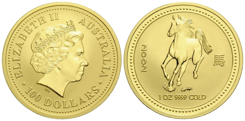 Elizabeth II. 1952-2022 100 Dollars 2002 Perth Mint. 32.1 mm. 1 oz. Gold .9999 B...