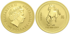 Elizabeth II. 1952-2022 100 Dollars 2002 Perth Mint. 32.1 mm. 1 oz. Gold .9999 Bullion, Year of the Horse, Lunar Series 1. KM 587. 31.10 g. Auflage / ...