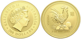 Elizabeth II. 1952-2022 200 Dollars 2005 Perth Mint. 41.0 mm. 2 oz. Gold .9999 Bullion, Year of the Rooster, Lunar Series 1. 62.20 g. PP FDC / Proof u...