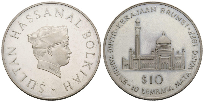 Hassanal Bolkiah 1968- 10 Dollars 1977 38.8 mm. Silber / Silver (0.925). 10-jähr...