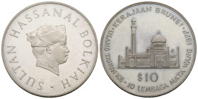 Hassanal Bolkiah 1968- 10 Dollars 1977 38.8 mm. Silber / Silver (0.925). 10-jähriges Bestehen des / 10th Anniversary of the Brunei Currency Board. KM2...