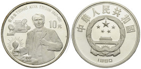 Republik / Republic
 10 Yuan 1990. 38.4 mm. Silber / Silver 0.925. Thomas A. Edison. 27.20 g. In Original-Kapsel / In original capsule. Leichte Berüh...