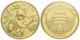 Volksrepublik / People's Republic
 50 Yuan 1992. 27.0 mm. Gold 0.999. 1/2 oz/Unze Panda Bullion in original Blister/ in original sealed plastic sleev...