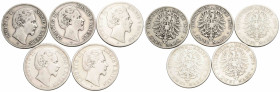 Bayern / Bavaria Lot
Ludwig II. 1864-1886 2 Mark 1876 D München. 28.1 mm. Silber / Silver 0.900 2 Marks - Louis II. Lot aus 5 Stücke mit einem Total ...