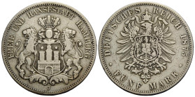 Hamburg, Stadt / city Freie und Hansestadt / Free Hanseatic City (1324-1922)
 5 Mark 1875 J, Hamburgische Münze. 38.0 mm. Silber / Silver 0.900. KM 5...