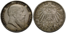 Kaiserreich / Empire Baden, Grossherzogtum
Friedrich I. 1852-1907 5 Mark 1902 G, Karlsruhe. 38.0 mm. Silber / Silver. KM 274. 27.65 g. Dunkle Patina,...