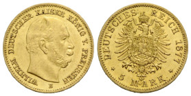 Kaiserreich / Empire Preussen, Königreich
Wilhelm I. 1861-1888 5 Mark 1877 B, Wroclaw, Poland. 16.0 mm. Gold 0.900. KM 507. Friedberg 3826. 1.99 g. E...