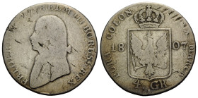 Kaiserreich / Empire Preussen, Königreich
Friedrich Wilhelm III. 1797-1840 4 Groschen 1807 A, Berlin. 25.1 mm. Silber / Silver 0.895 4 Groschen (1/6 ...