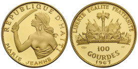 Republik / Republic 100 Gourdes 1967. 30.0 mm. Haiti. Gold. Marie Jeanne, holding machete. Non-circulating coin: 10th Anniversary of Revolution Friedb...