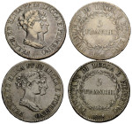 Lucca
Elisa Bonaparte und Felix Baciocchi, 1805-1814 5 Franchi 1807 / 1808. 37.7 mm. Silber / Silver 0.900. 5 Francs. KM 24. 2 Expl. 49.40 g. Sehr sc...