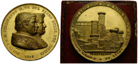 Neapel / Sizilien, Naples / Sicily
Ferdinando II. 1830-1859 Vergoldete Bronzemedaille / Gilt Bronze medal 1848. 57.3 mm. Per l'esilio del Papa Pio IX...