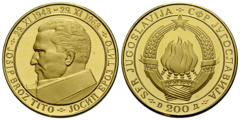 Republik, 1946-2003 200 Dinara 1968. 30.0 mm. Gold 0.900. JOSIP BROZ TITO. 29. X...