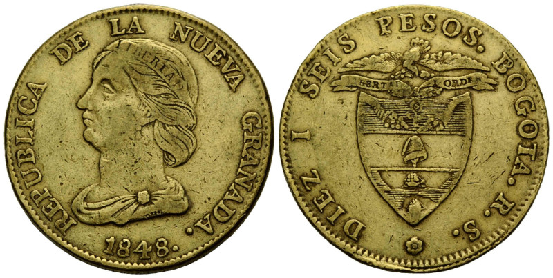 Republik Nueva Granada, 1837-1859 16 Pesos 1848 Bogota. 36.6 mm. Gold 0.875 Obv....