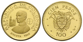 Republik, seit 1886 100 Pesos 1968 Bogota. 19.9 mm. Gold 0.900. 39. Internationaler Eucharistischer Weltkongress / Colombia. 39th International Euchar...