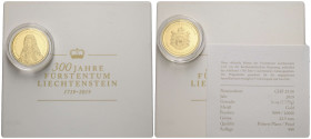 Hans Adam II. 1989- 25 Franken 2019 B. H. Mayer Kunstprageanstalt, Karlsfeld, Germany. 22.5 mm. 1/4 oz. Gold 9.999. 300 Jahre Fürstentum Liechtenstein...