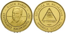 Republik / Republic
 50 Cordobas 1967. Nicaragua. 35.0 mm. Gold 0.900. 100th Anniversary of Ruben Dario birth. Huguenin Frères, Le Locle. KM 25. 35.5...