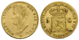 Königreich der Niederlande / Kingdom of the Netherlands / Kingdom of the Netherlands
Wilhelm I. 1813-1840 5 Gulden 1827 B, Brüssel. 18.0 mm. Gold. Fr...