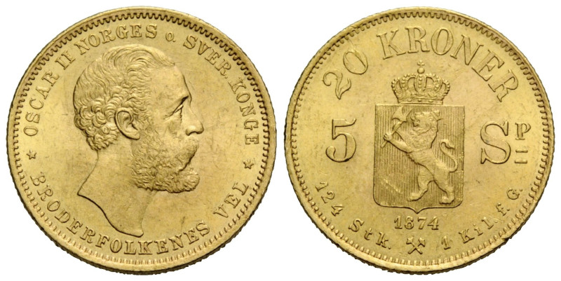 Oskar II. 1872-1905 20 Kroner 1874. 23.0 mm. Gold 0.900. KM 348, Friedberg 15. 8...