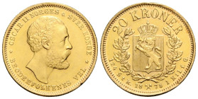 Oskar II. 1872-1905 20 Kroner 1878, Royal Norwegian Mint. 23.0 mm. Gold 0.900. KM 355. Friedberg 17. 9.00 g. Sehr schön + / very fine +.