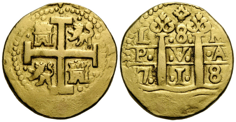 Felipe V. 1700-1746 8 Escudos 1718 Lima. 30.0 mm. Gold. 26.63 g. Exemplar der Au...