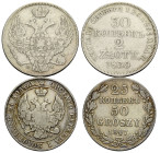 Nikolaus I. 1825-1855 2 Zlote 1839. 25.5 mm. Silber / Silver 0.868 2 Zlote -30 Kopeks & 1847 24.0 mm. 50 Groszy-25 Kopeks. C 131 / 132. 2 Expl. total ...