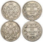 Nikolaus I. 1825-1855 40 Groszy-20 Kopeks 1850 MW, Warsaw. 22.0 mm. Silber / Silver 0.868. C 130. 2 Expl. Total weight 8.12 g. 4.10 g. Obv. In der Mit...