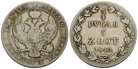 Kaiserreich und Föderation / Russian Empire and Federation
Nikolaus I. 1825-1855 3/4 Rubel (5 Zlotych) 1840 MW. 33.0 mm. Silber / Silver 0.868. 3/4 R...