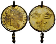 Christina, 1632-1654 2 Mark o.J. / ND. (1651). Mzst. Stockholm mit Fassung / with mounting 32.4 mm. 0.750 Silber vergoldet / Gilt silver. Head of Chri...