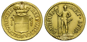 Solothurn Stadt und Kanton
 Viertelduplone 1789. 17.0 mm. Gold. HMZ 2-843a. 1.87 g. Gestopftes Loch / Plugged hole at about 6 o'clock on the reverse ...