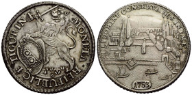 Zürich Stadt und Kanton / City and canton
 Taler 1753. 40.0s mm. Silber / Silver thaler. Stadtansicht / City view. Löwe nach links mit Schwert und Zü...