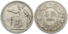 Eidgenossenschaft / Confederation Bundesmünzen / Federal Coins
 5 Franken 1874 Mzst. B. (Brüssel / Bruxelles / Brussels). 37.0 mm. Silber / Silver. S...
