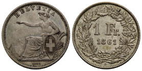 Eidgenossenschaft / Confederation Bundesmünzen / Federal Coins
 1 Franken 1861 B, Bern. 27.0 mm. Silber / Silver. Sitzende Helvetia / Seated Helvetia...