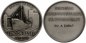 Medaillen / Medals Basel / Basle
 Silbermedaille / Silver medal 1936. 60.0 mm. SCHIFF / SHIP. ERSTE FAHRT / LONDON-BASEL / JUNI 1936. Stempel von / b...