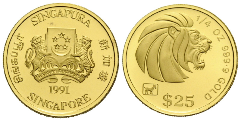 Republik, seit 1965
 25 Dollars 1991 21.96 mm. 1/4 oz. Gold 9.999. Zodiac. KM 8...