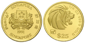 Republik, seit 1965
 25 Dollars 1991 21.96 mm. 1/4 oz. Gold 9.999. Zodiac. KM 811. 7.78 g. PP, Fast FDC / Proof, about uncirculated.
