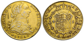Königreich / Kingdom
Carlos III. 1759-1788 4 Escudos 1786 Uncertain Local Mint. 29.0 mm. Platin vergoldet / Gilt Platinum Contemporary Counterfeit. Z...