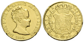 Königreich / Kingdom
Isabella II. 1833-1868 80 Reales 1844 21.0 mm. Gold 0.875. KMA579 / Friedberg 324. 6.67 g. Gereinigt mit Fassungsspuren. Cleaned...