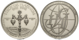 Oranje Vryjstaat 1 Unzen 1982. 32.0 mm. 1 TROY OZ. PLATINUM 9995 FINE / ONE HUNDRED YEARS OF ELECTRICITY IN SOUTH AFRICA. / KIMBERLEY 1882 / KOBBERG 1...