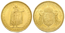 Franz Joseph I. 1848-1916 20 Kronen 1892 K B, Kremnitz / Kremnica, Slovakia. 21.0 mm. Gold 0.900. Friedberg 250. 6.45 g. Vorzüglich / Extremely fine.
