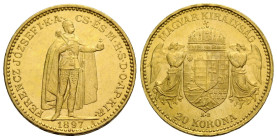 Franz Joseph I. 1848-1916 20 Kronen 1897 K B, Kremnitz / Kremnica, Slovakia. 21.0 mm. Gold 0.900. Friedberg 250. 6.77 g. Sehr schön + / very fine +.