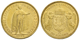 Franz Joseph I. 1848-1916 20 Kronen 1900 K B, Kremnitz / Kremnica, Slovakia. 21.0 mm. Gold 0.900. Friedberg 250. 6.77 g. Vorzüglich / Extremely fine.