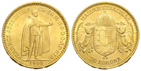 Franz Joseph I. 1848-1916 20 Kronen 1905 K B, Kremnitz / Kremnica, Slovakia. 21.0 mm. Gold 0.900. Friedberg 250. 6.77 g. Vorzüglich / Extremely fine.