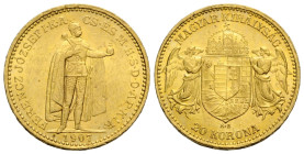 Franz Joseph I. 1848-1916 20 Kronen 1907 K B, Kremnitz / Kremnica, Slovakia. 21.0 mm. Gold 0.900. Friedberg 250. 6.77 g. Vorzüglich / Extremely fine.