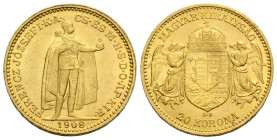Franz Joseph I. 1848-1916 20 Kronen 1908 K B, Kremnitz / Kremnica, Slovakia. 21.0 mm. Gold 0.900. Friedberg 250. 6.77 g. Vorzüglich / Extremely fine.