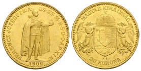 Franz Joseph I. 1848-1916 20 Kronen 1909 K B, Kremnitz / Kremnica, Slovakia. 21.0 mm. Gold 0.900. Friedberg 250. 6.77 g. Vorzüglich / Extremely fine.