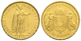 Franz Joseph I. 1848-1916 20 Kronen 1911 K B, Kremnitz / Kremnica, Slovakia. 21.0 mm. Gold 0.900. Friedberg 250. 6.77 g. Vorzüglich / Extremely fine.
