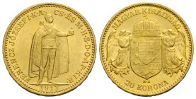 Franz Joseph I. 1848-1916 20 Kronen 1913 K B, Kremnitz / Kremnica, Slovakia. 21.0 mm. Gold 0.900. Friedberg 250. 6.77 g. Vorzüglich / Extremely fine.