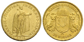 Franz Joseph I. 1848-1916 20 Kronen 1915 K B, Kremnitz / Kremnica, Slovakia. 21.0 mm. Gold 0.900. Friedberg 250. 6.77 g. Sehr schön + / very fine +.