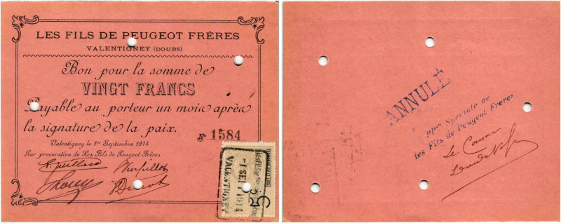 Frankreich 3. Republik (1870-1940) Notgeld
 20 Francs 1914. 20 Francs 1914, 1. ...